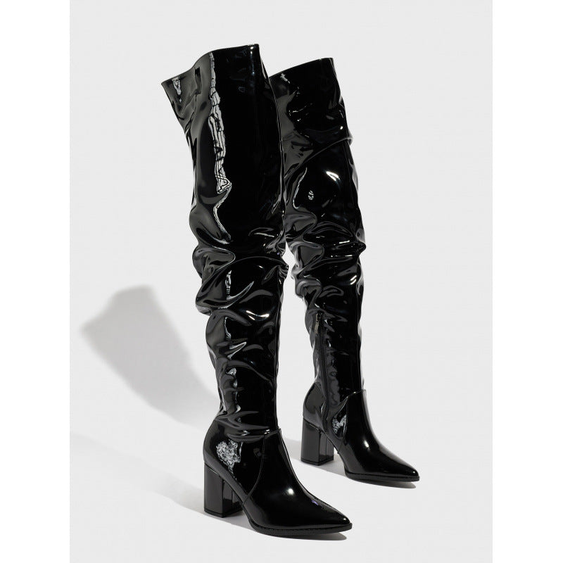 Pointed Toe Thick Heel Bright Leather Natural Wrinkle Side Zipper Comfortable Qualcomm Women Boots DestGlow