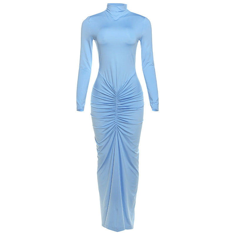 Women Clothing Autumn Solid Color Elegant Slim Slimming Pleated Turtleneck Long Sleeve Dress by Ragazza