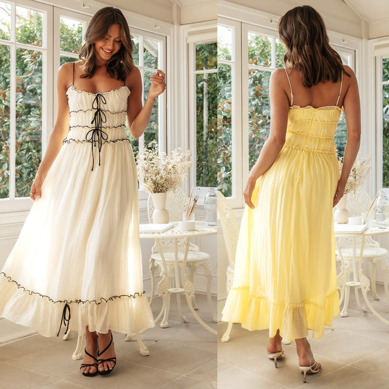 Women Strap Long Stitching Dress Elegant Shoulder Baring Sleeveless Strap by Ragazza