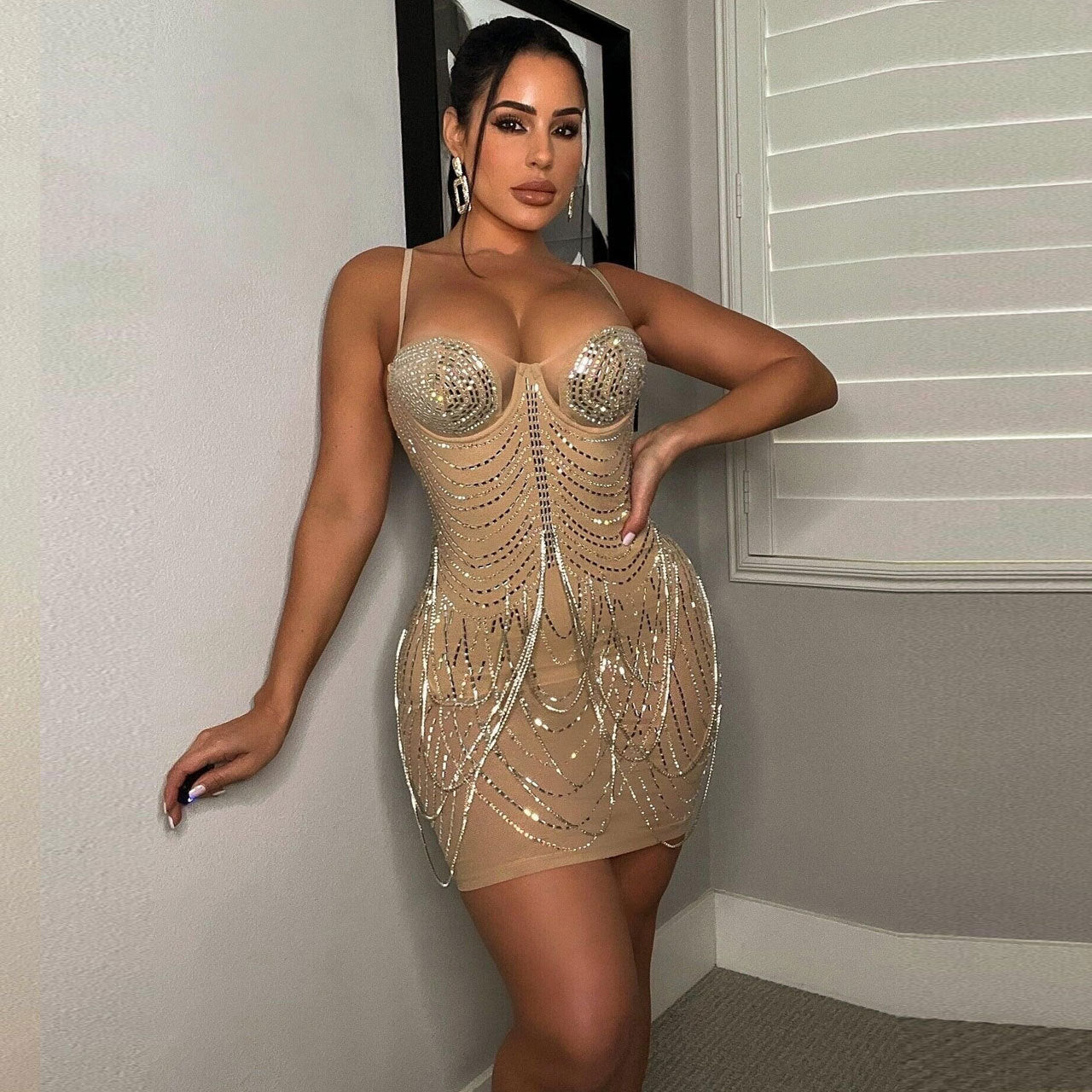 Sexy Slim Fit Rhinestone Tassel Dress by Ragazza