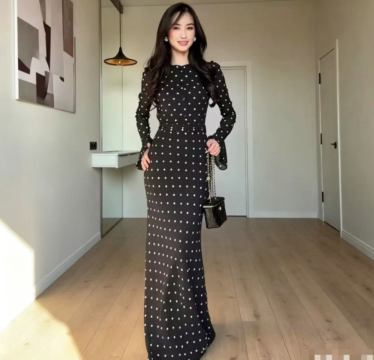 Spring Autumn Polka Dot Pattern round Neck Long Sleeve Flared Sleeves Graceful Fashionable Dress Women DestGlow