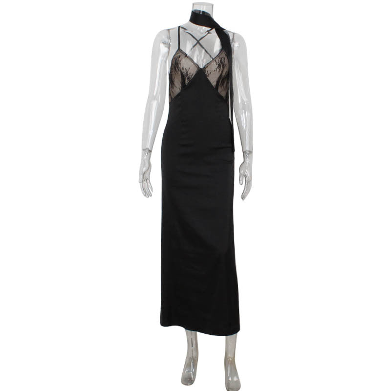 Sexy Lace Stitching Seductive V neck Backless Dinner Sling Dress Dress with Scarf by Ragazza