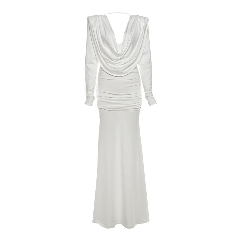 Fall Women Clothing Sexy Backless Swing Collar Slim Pleated Solid Color Long Sleeve Dress by Ragazza