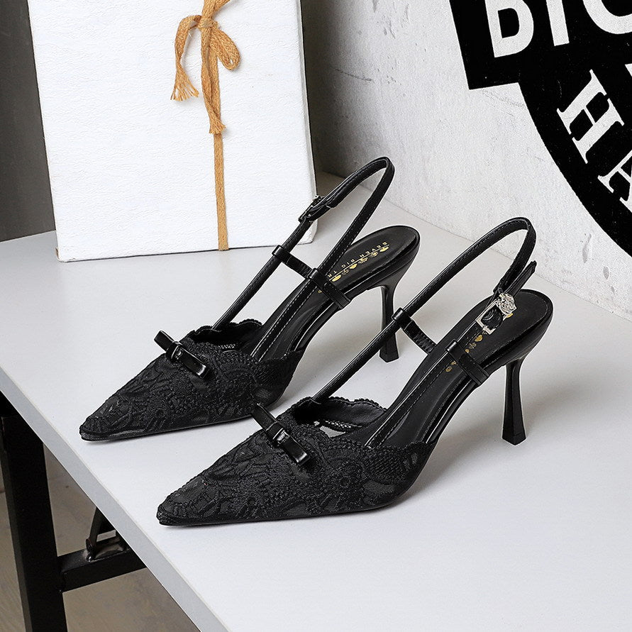 French Ladies Bow Stiletto Heel High Heels Women Sexy Lace Mesh Pointed Toe Buckle DestGlow