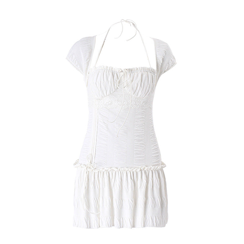 Summer Sexy French Low Cut Square Collar Halter Lace Up Design Short Sleeve Pleated Dress Women by Ragazza