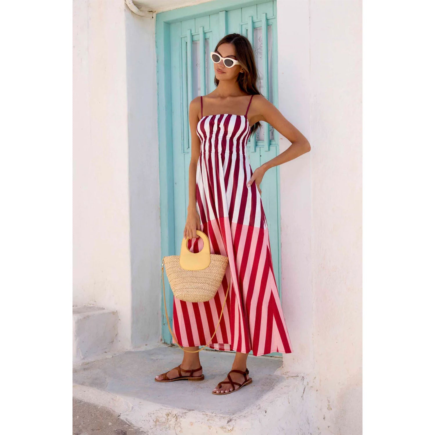 Spring Summer off Neck Striped Waist Trimming Printing Vacation Mid Length Dress by Ragazza