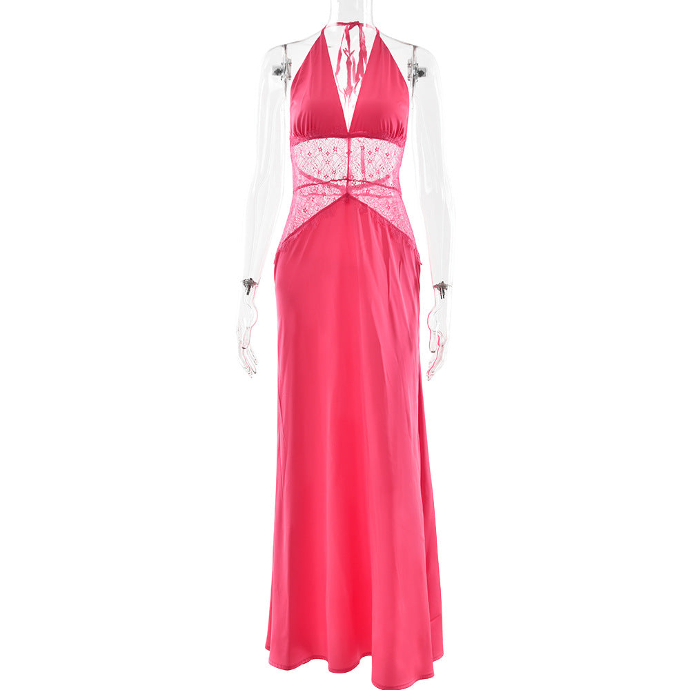 Summer Elegant Deep V Plunge Silky Satin Dress Stitching Halter Waist Tight Sexy Dress by Ragazza