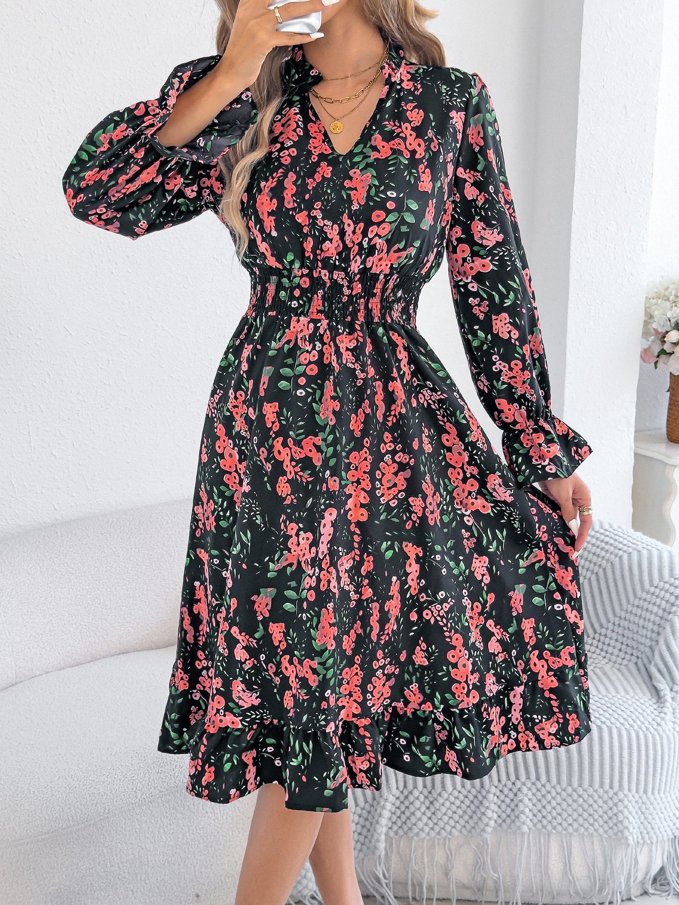 Women Clothing Spring Summer Casual Floral Flared Sleeve Waist A line Dress by Ragazza