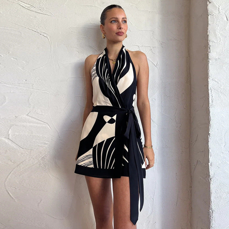 Women Nordic Classic Printing Sexy Halter Backless Dress Simple Waist Fitted Short Dress for Women by Ragazza