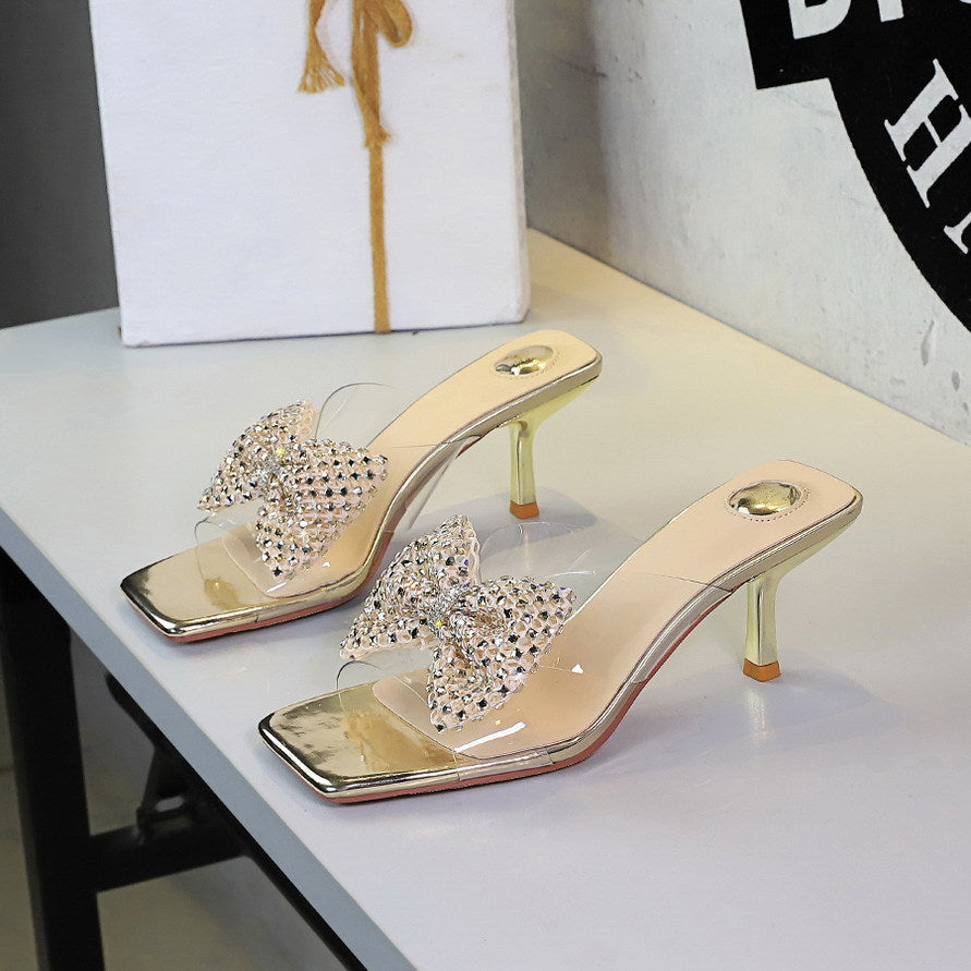 Rhinestone Bow Square Toe Open Toe Slippers Transparent Slip on Stiletto Heel Outdoor Slippers DestGlow