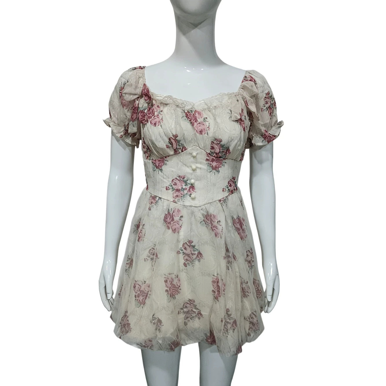 Retro Spicy Girl Square Collar Lace Stitching Bow Dress Women Summer Small Bright Silk Floral Dress by Ragazza