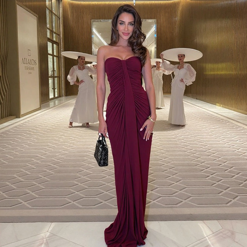 Elegant Slimming Pleated Design Stitching Ribbon Hip Bag Chest Wrapped Dress Women Clothing by Ragazza