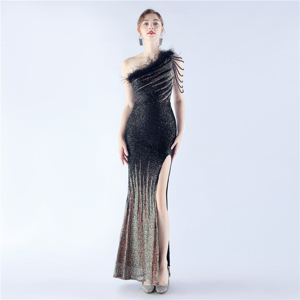 Gradient Sequin Craft Beaded Ostrich Feather Diagonal Collar One Shoulder Long Evening Dress by Ragazza
