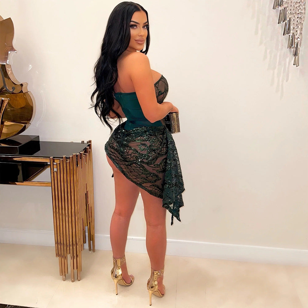 Sexy V Neck Tube Top See Through Sequ Dress Women Fashionable Irregular Asymmetric Dress by Ragazza