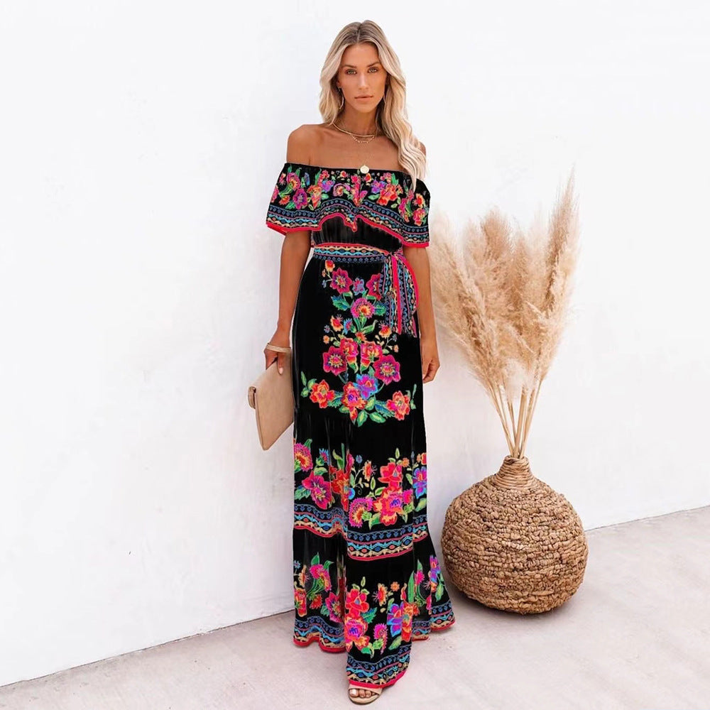Spring Summer off Shoulder Red Floral Printed Long Large Hem Dress by Ragazza