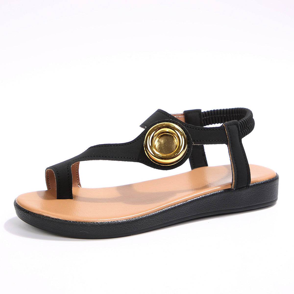 Toe Covering Metal Buckle Flat Sandals Women Elastic Band Casual Open Toe Beach Slippers DestGlow