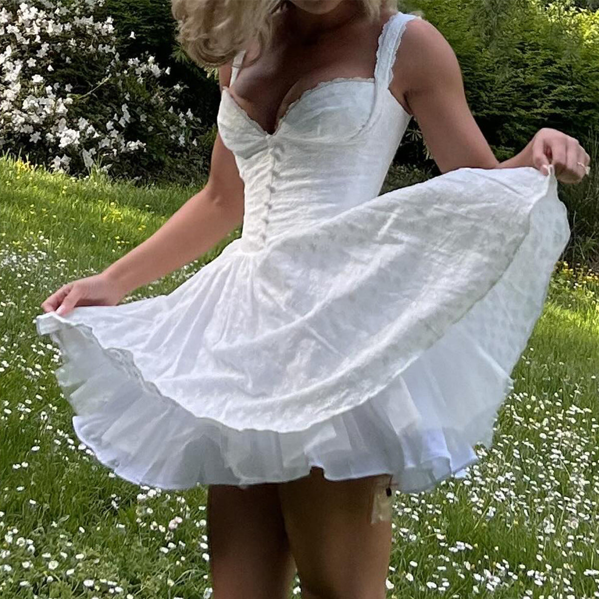 Dress Sexy V neck Lace Strap Dress Sexy White with Printed Pattern Sexy Women Clothing by Ragazza