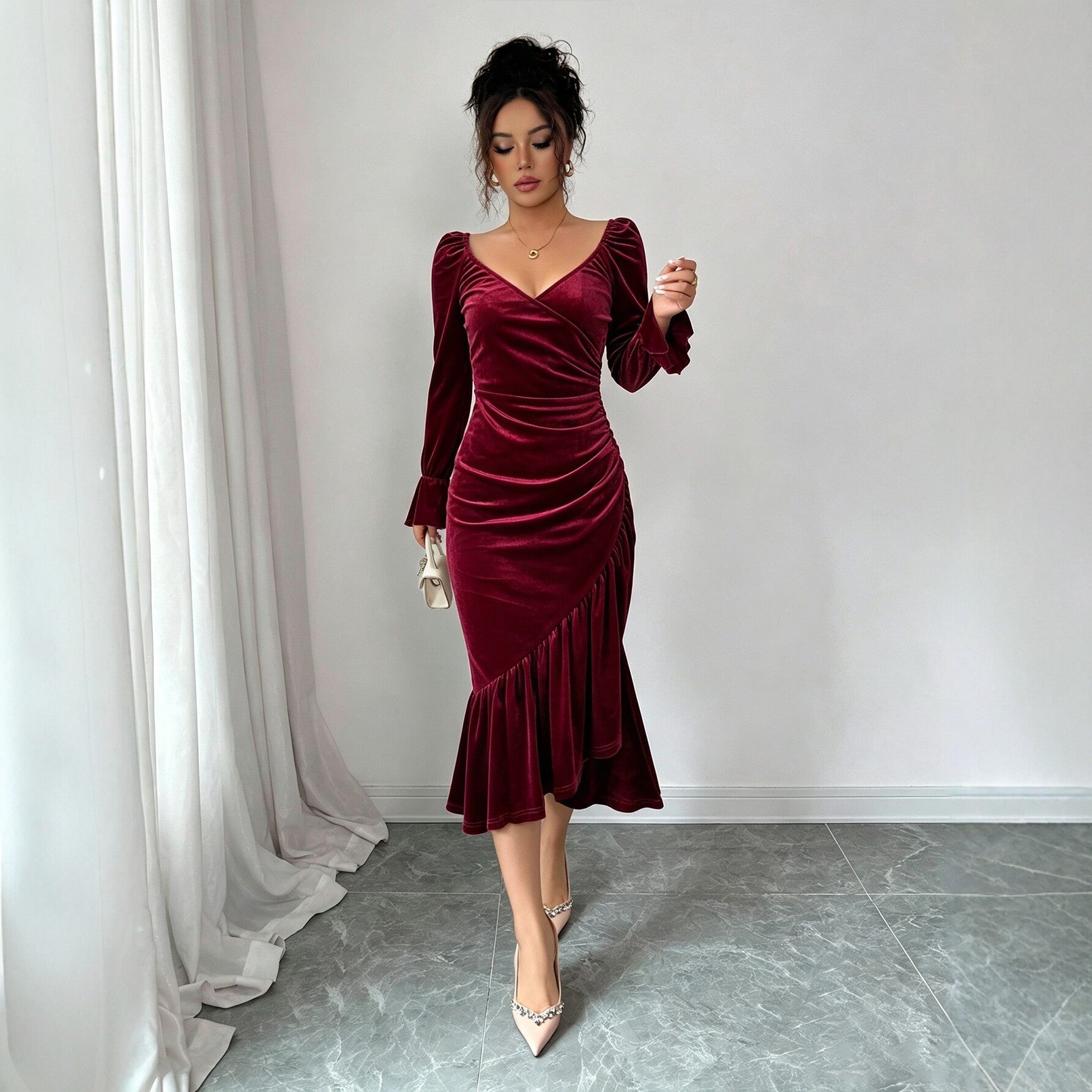 Women Clothing Velvet V neck Dress Autumn Winter Waist Slimming Irregular Asymmetric Fishtail Hip Wrapped Mid Length Dress DestGlow