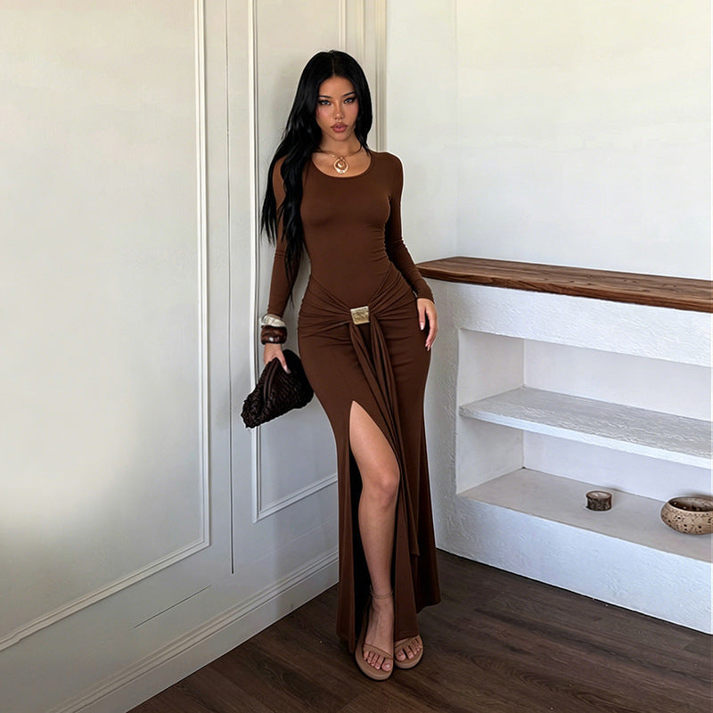 Metal Buckle Lace up Waist-Controlled Split Slimming Sexy Formal Dress Long Sleeve Dress DestGlow