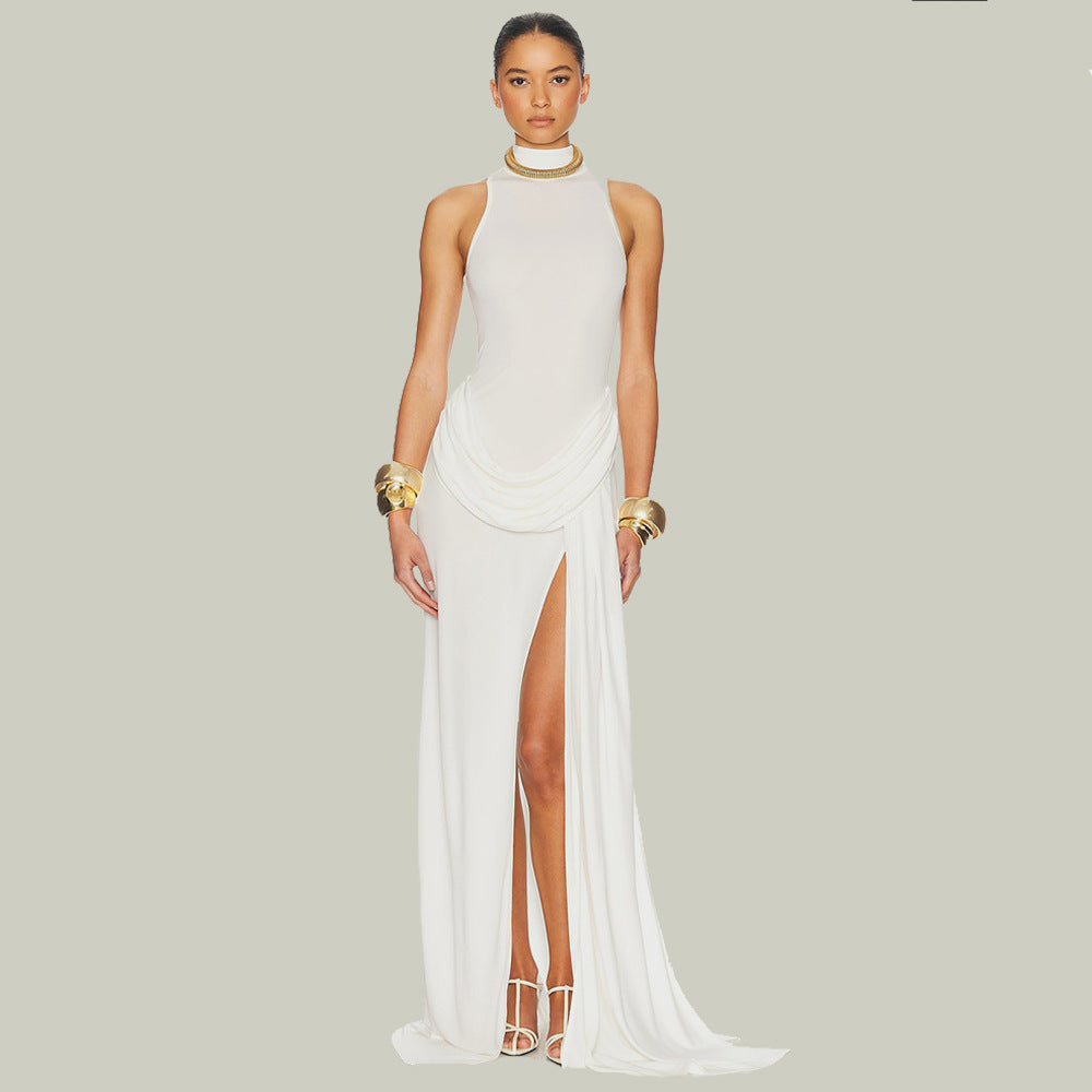 Summer Sexy High Split Tight Waist Women Dress Elegance Sleeveless Pleated Dress by Ragazza