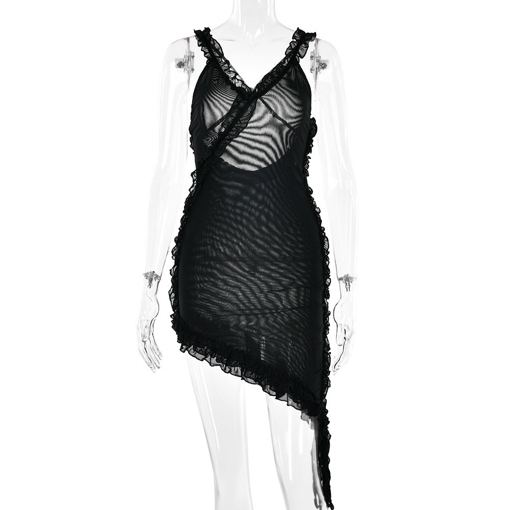 Summer V neck Slip Dress Women Sexy Backless Stitching Lotus Leaf Dress by Ragazza