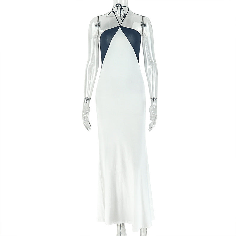 Black White Women Clothing Halter Slim Fit Sleeveless Hiking Hip Dress Contrast Color Outdoor Maxi Dress DestGlow