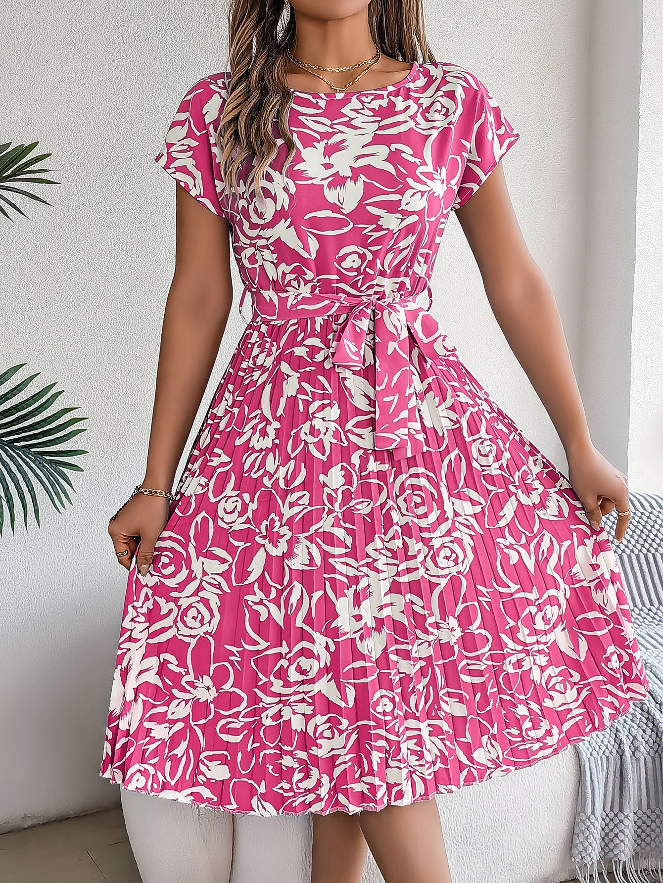 Spring Summer Elegant Floral Short Sleeve Large Hem Pleated Dress Women Clothing by Ragazza