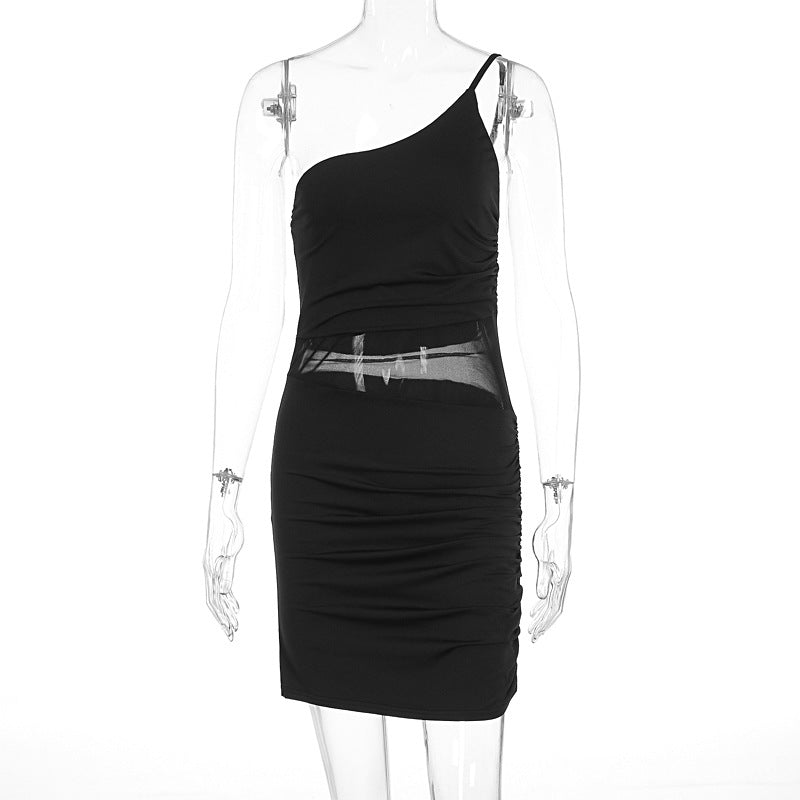 Summer Women Clothing Sexy Single Slim Fit Oblique Shoulder Package Hip See through Dress by Ragazza