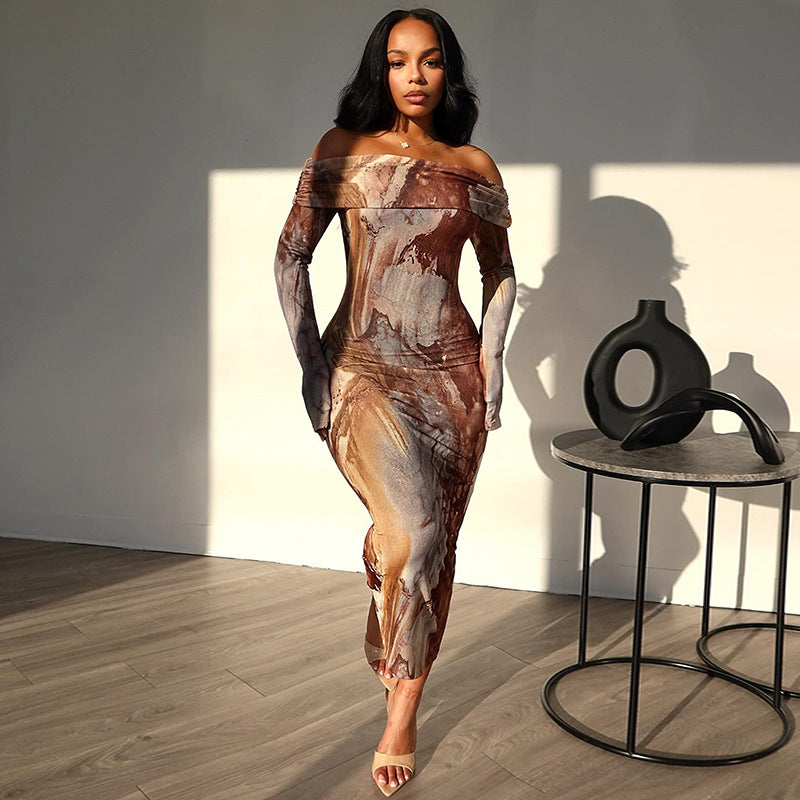 Women Clothing Vintage Print Sexy Off The Shoulder Long Sleeve One Step Dress Dress by Ragazza