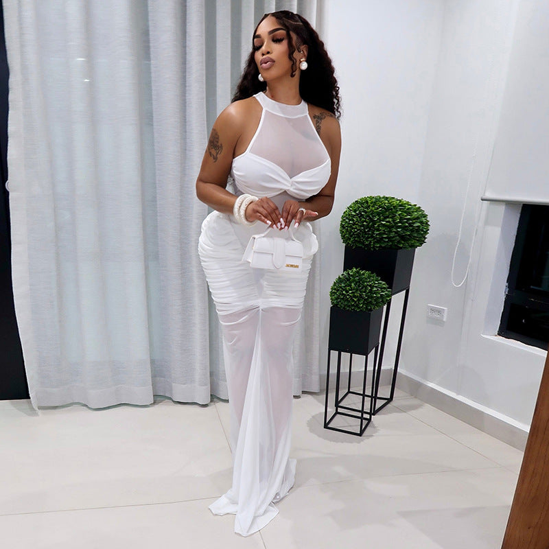 Women Clothing Summer Solid Color Casual Mesh Stitching Sleeveless Twisted Pleated Maxi Dress DestGlow