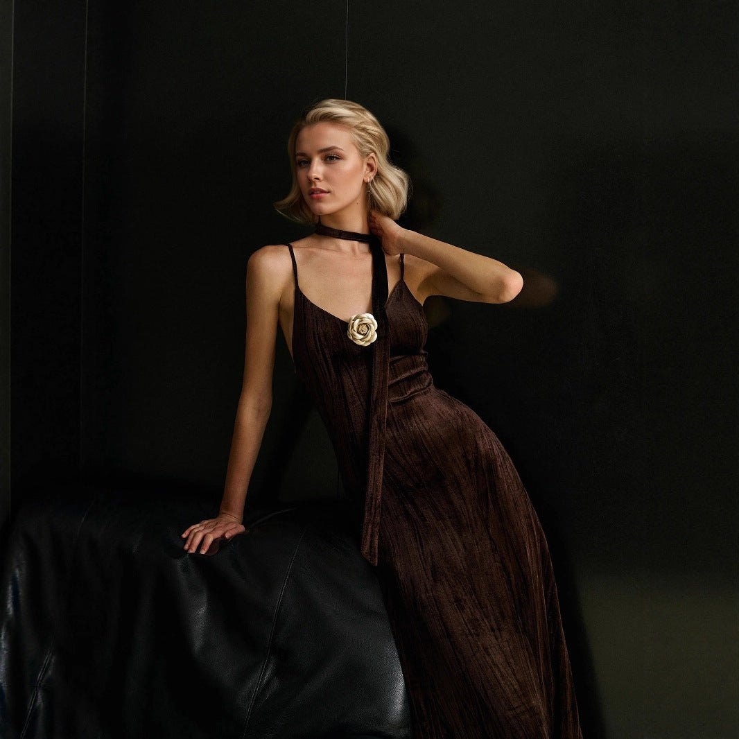 Cocktail Retro Brown Lace up with Corsage Decoration Velvet Pleated Sexy Cami Dress by Ragazza