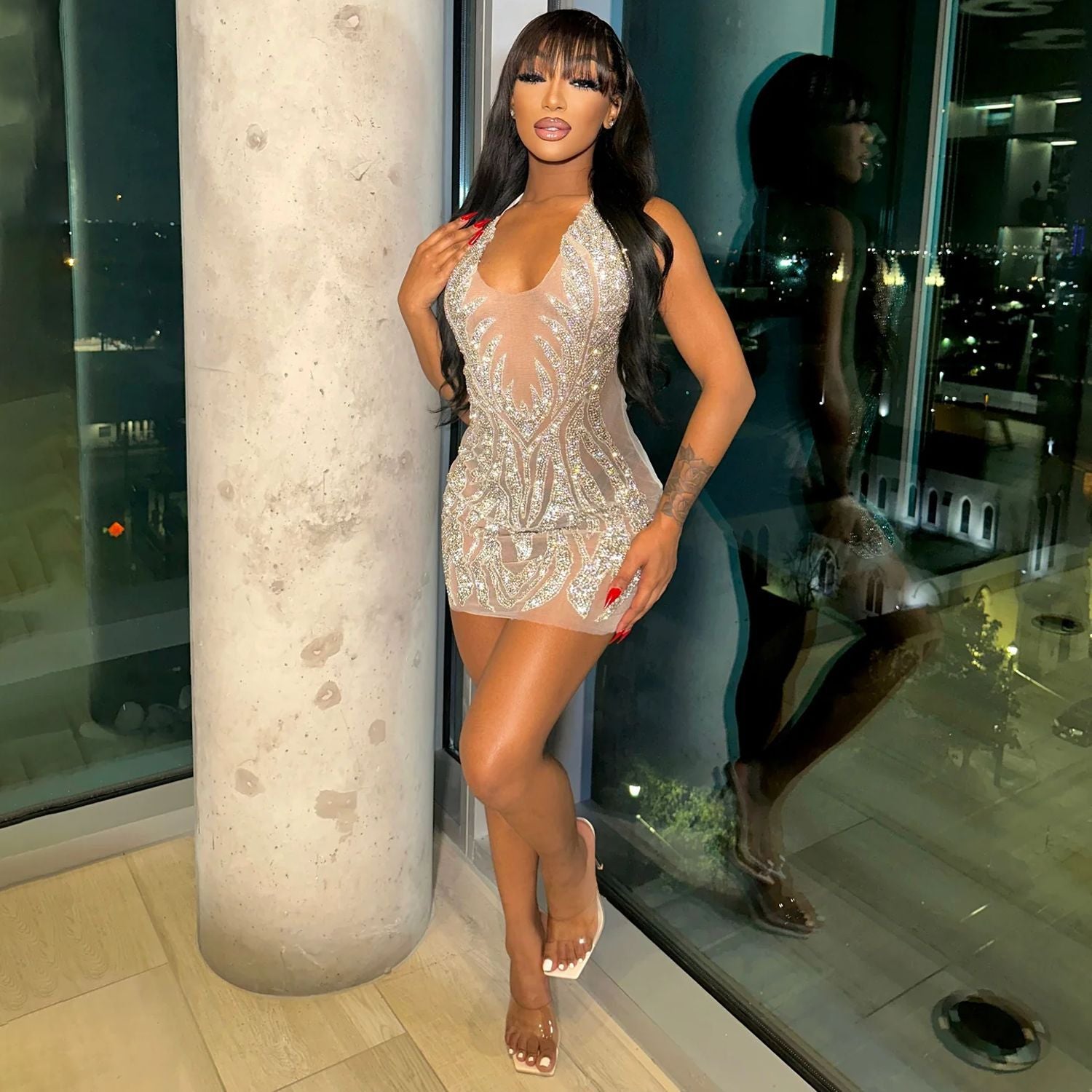 Summer Women Clothing Sexy Mesh Rhinestone See Through Nightclub Dress Women by Ragazza