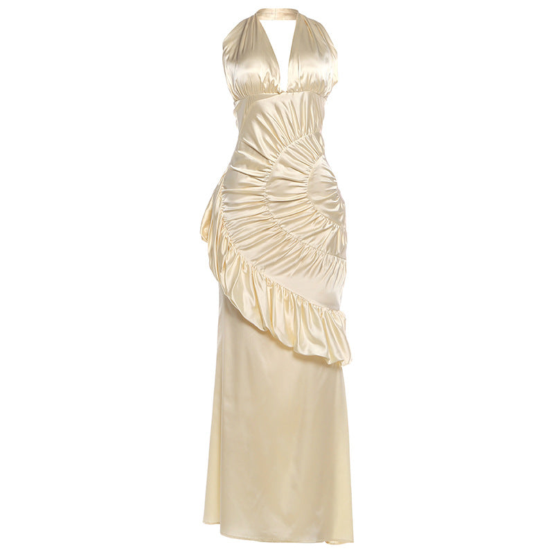 Autumn Winter Women Clothing Solid Color V neck Halter Backless Slim Pleated Dress Elegant Dress by Ragazza