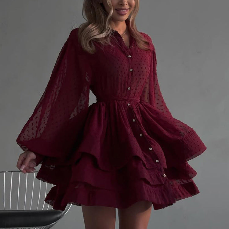 Short A Word Dress Women Elegant Collared Long Sleeve Single Breasted Lace up Shirt Dress by Ragazza