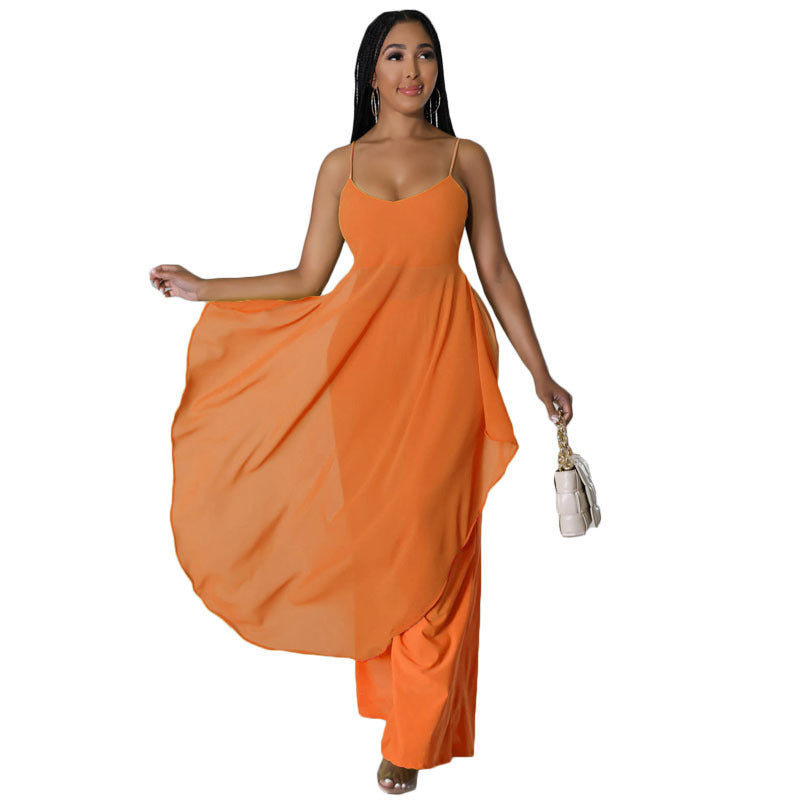Summer Women Clothing Solid Color Overall Skirt Set Mesh Stitching Two Piece Sets Sexy by Ragazza