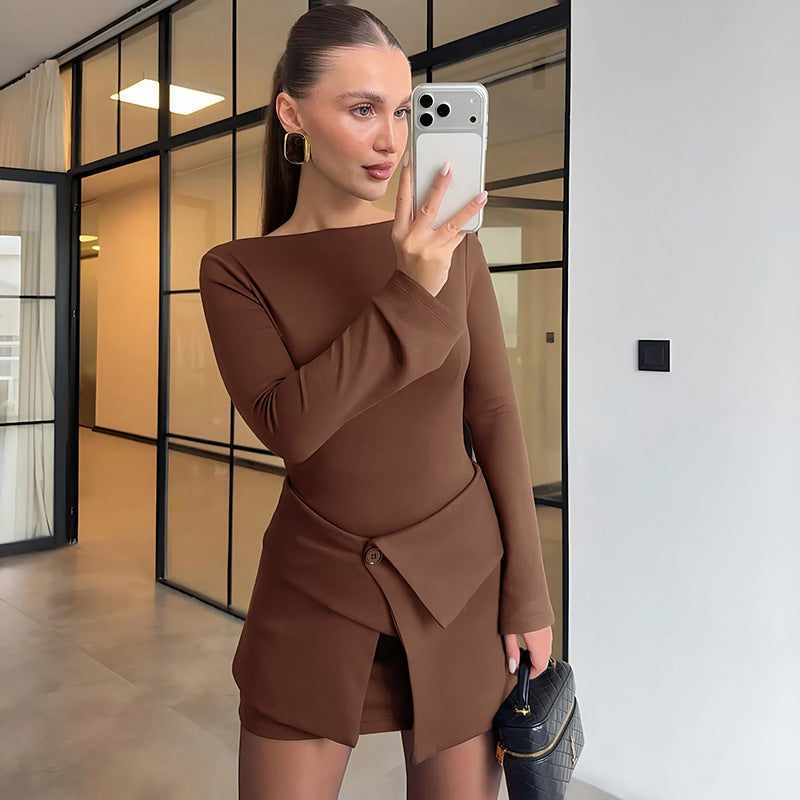 Women Clothing Winter Micro Pull Long Sleeve Short Dress Fold Button Two Piece Overskirt Set by Ragazza