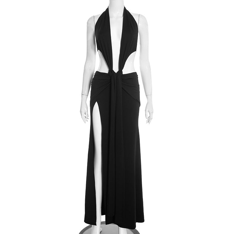 Women Clothing Spring Solid Color Halter Sleeveless Sexy Backless Deep V Plunge Ribbon Maxi Dress by Ragazza