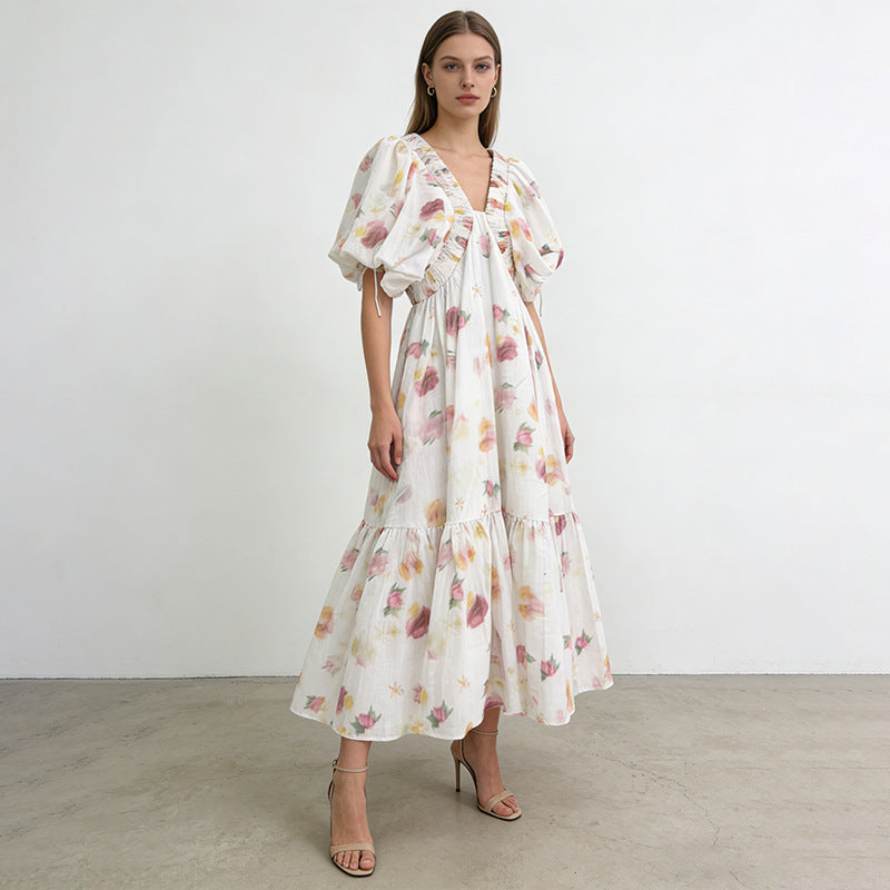 French Pastoral Dress Deep V Plunge neck Puff Sleeve High Waist A line Large Printed Maxi Dress DestGlow