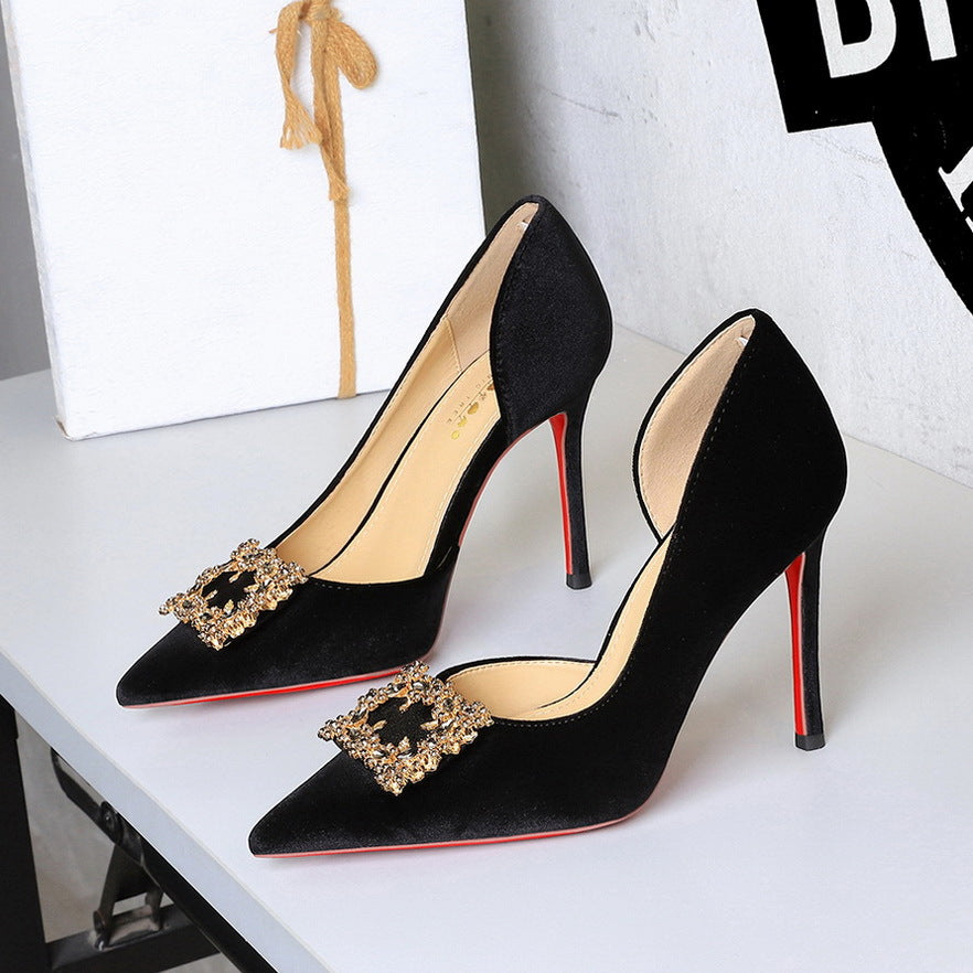 Korean Suede Side Empty Shoes Women Super High Heel Sexy Pointed Toe Rhinestone Square Buckle Stiletto Women Shoes DestGlow