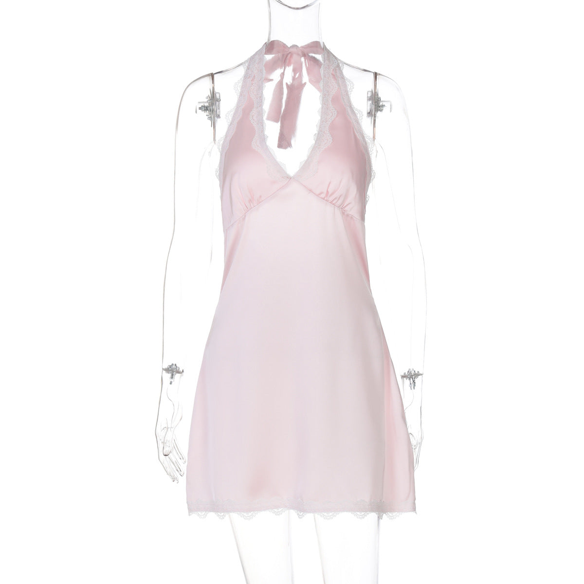 French Fashionable Women Clothing Sexy Hollow Out Cutout out Backless Deep V Plunge Stitching Lace Trim Short Halter Dress by Ragazza