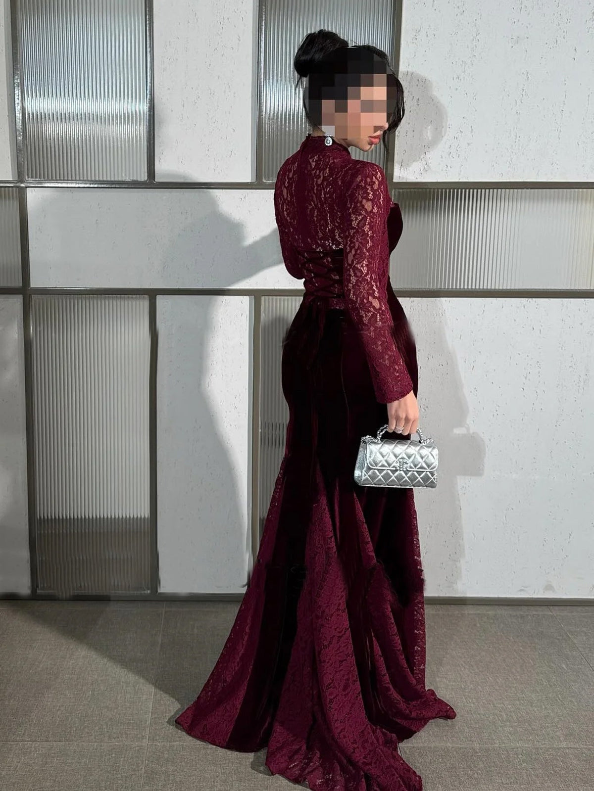 Wine Red Lace Long Sleeve Fishtail Evening Dress Autumn Winter Toast Dress Engagement Dress DestGlow
