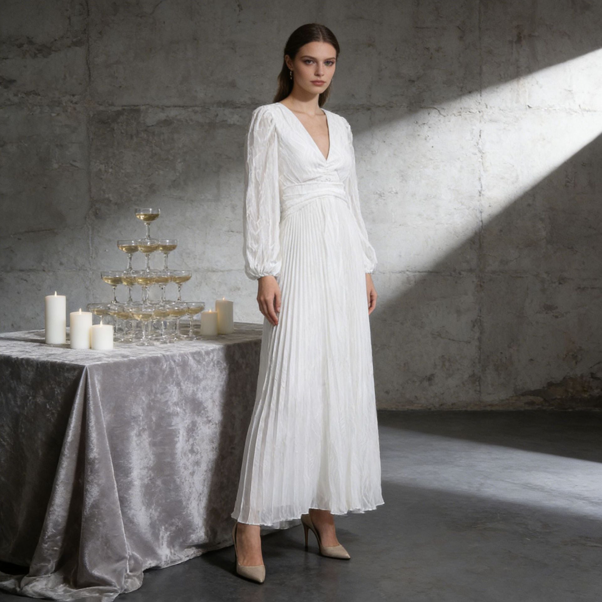 Spring Deep V Plunge neck Lantern Sleeve Maxi Dress Tight Waist Slimming Pleated Design Dress for Women by Ragazza