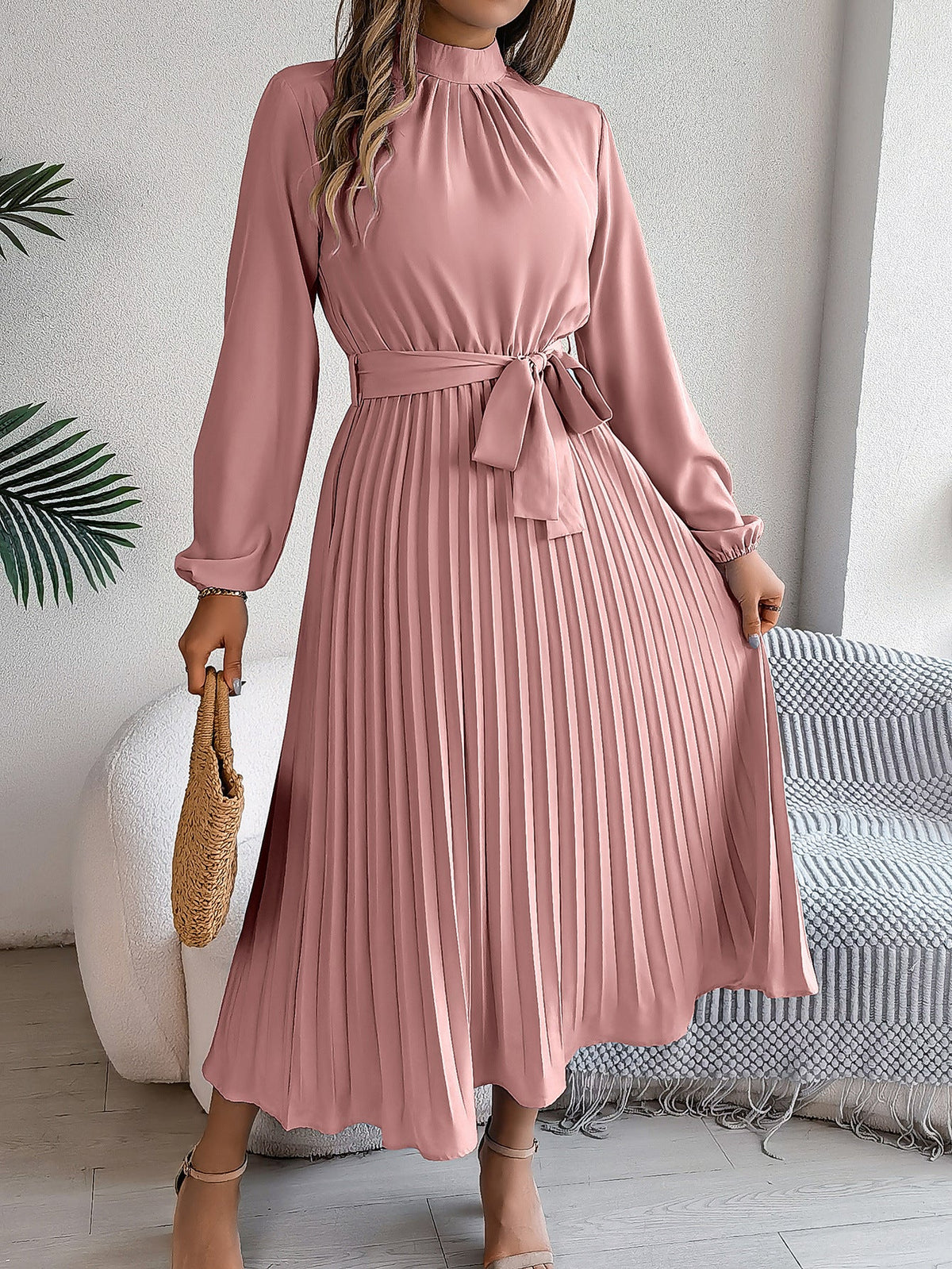 Autumn Winter Elegant Stand Collar Long Sleeve Cinched Pleated Maxi Dress Small Dress Women Clothing DestGlow