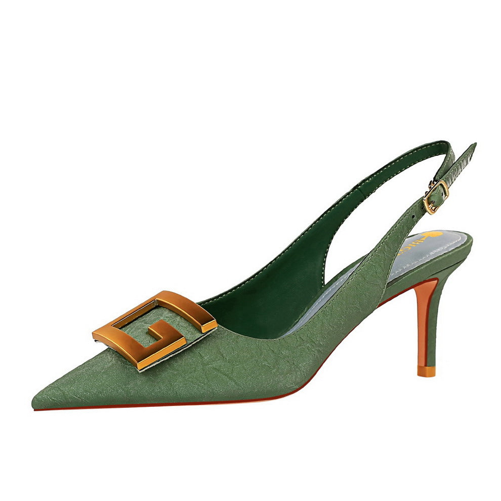 Women Shoes Stiletto Heel Shallow Mouth Pointed Toe Hollowed Back Strap Metal Square Buckle Pumps DestGlow
