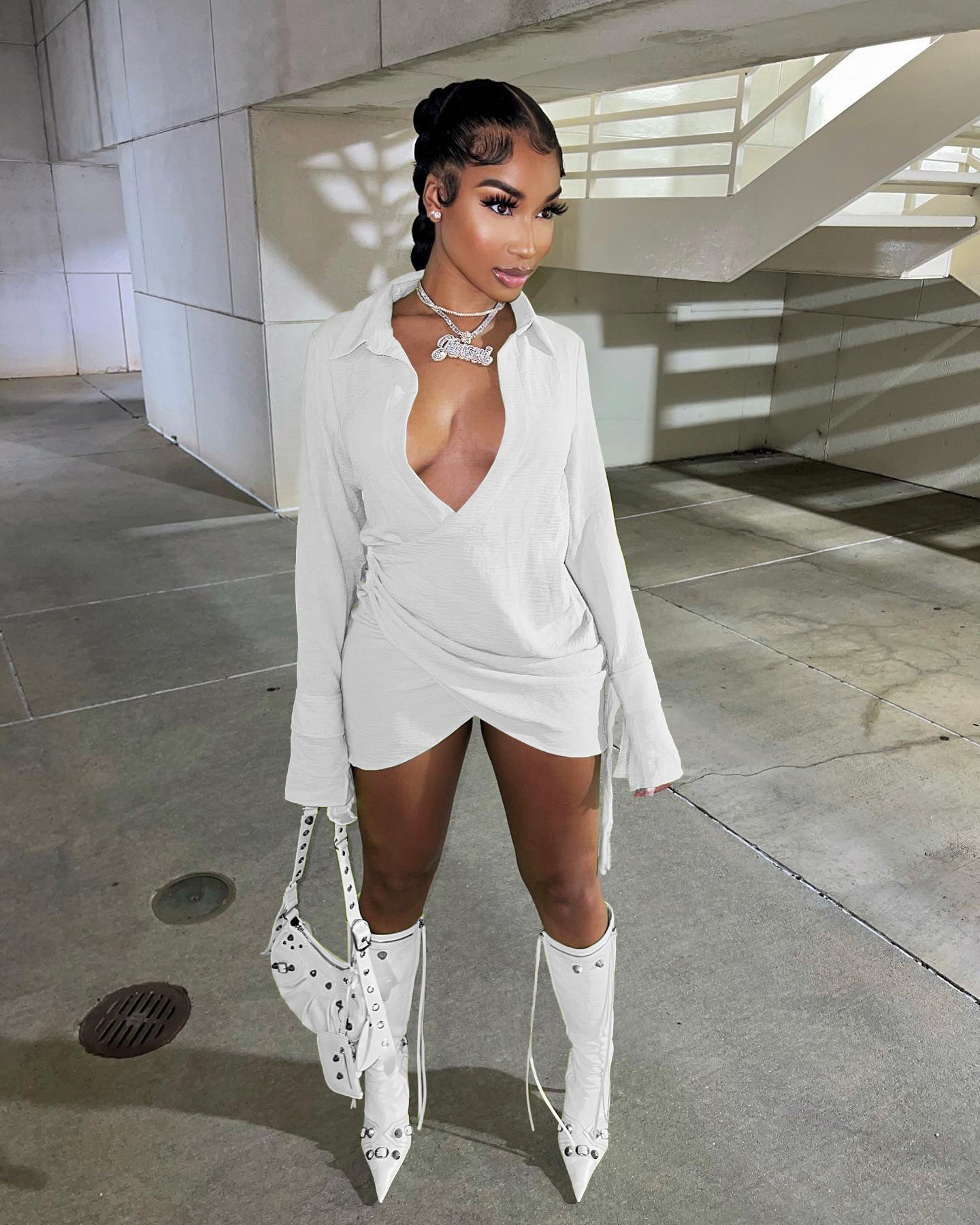 Fall Wome Clothing Sexy Pleated Criss Cross Shirt Dress Women Clothing by Ragazza