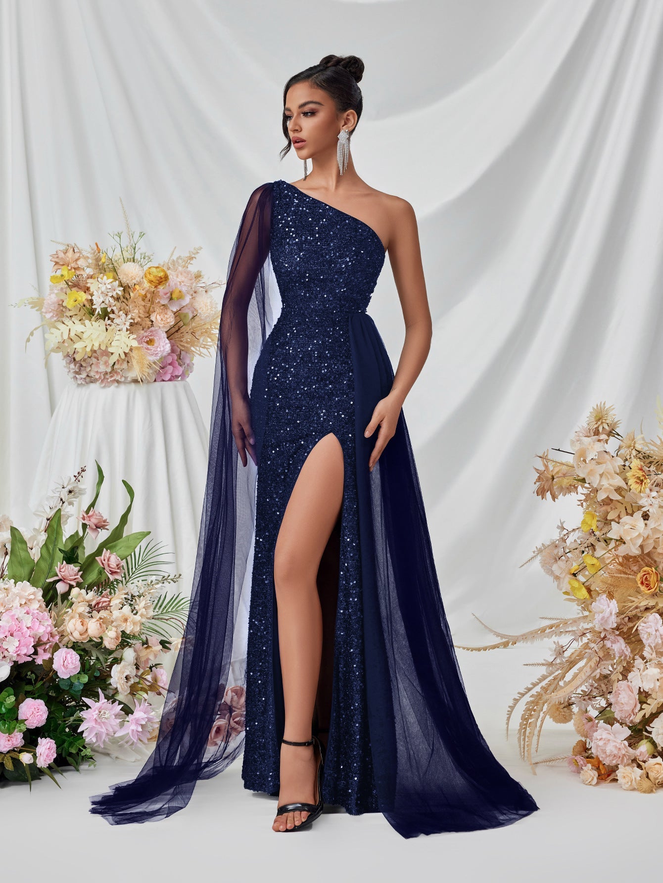 Shoulder Sequined Evening Dress Mesh Ribbon High Slit Design the Dinner Party Stage Maxi Dress by Ragazza