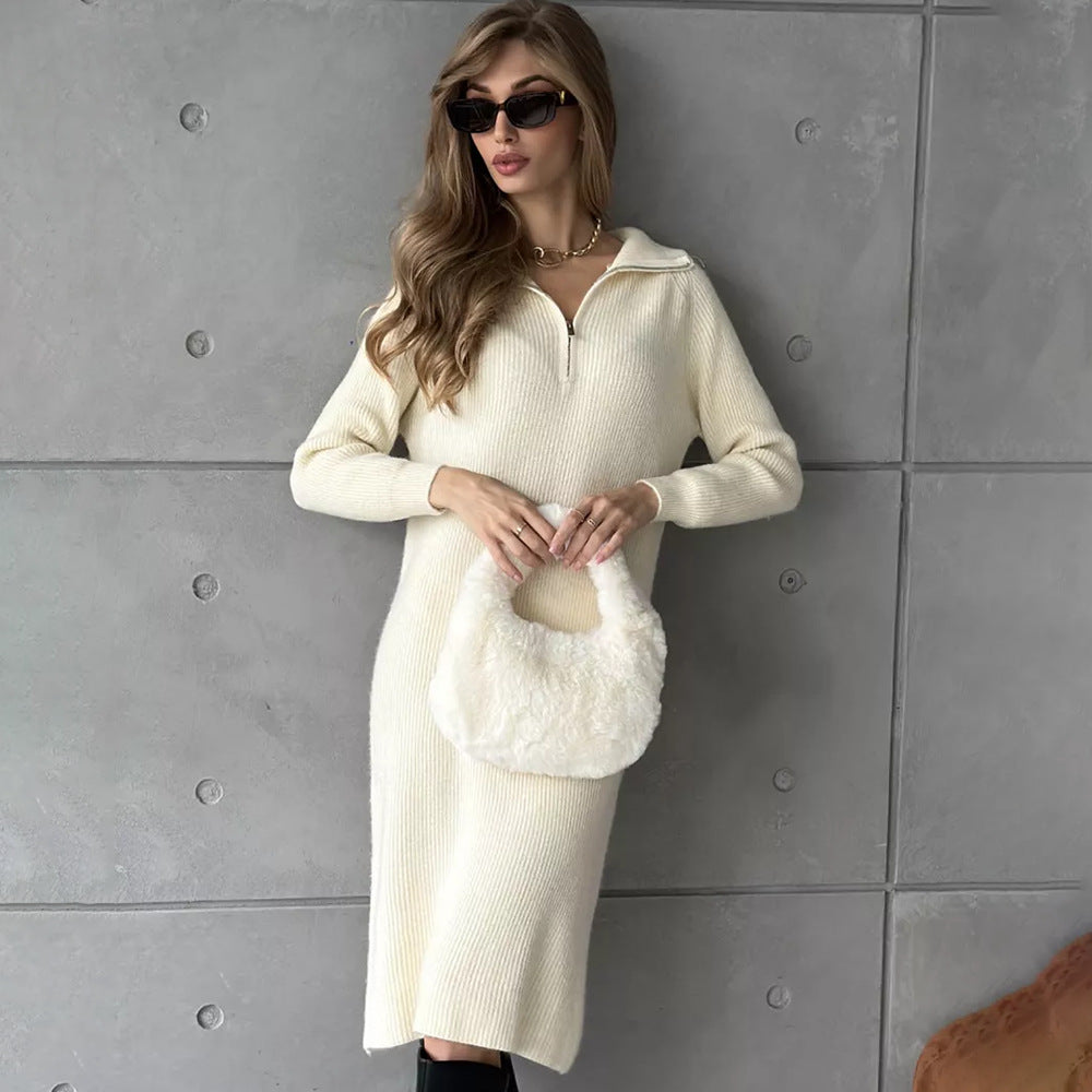 Turtleneck Half Zipper Woolen Dress Women Autumn Winter Loose Inner Wear Base Knitting Dress by Ragazza