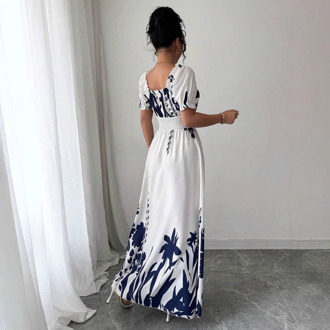Summer Bubble Sleeve High Waist Tight Waist Women Printed Wear Large Swing Sling Dress by Ragazza