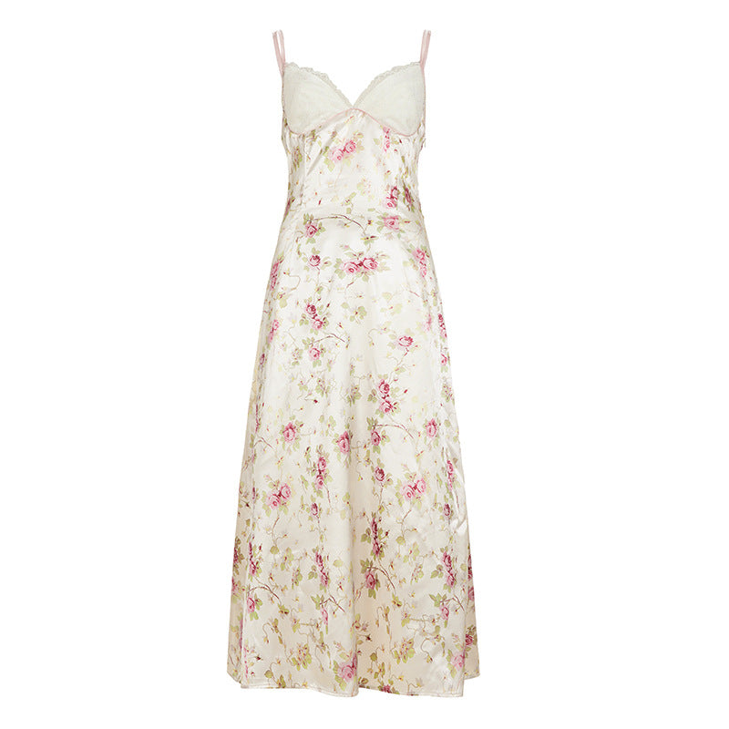 Street Vacation Sexy V neck Lace Satin Splicing Sling Dress Floral A line Printed Maxi Dress by Ragazza