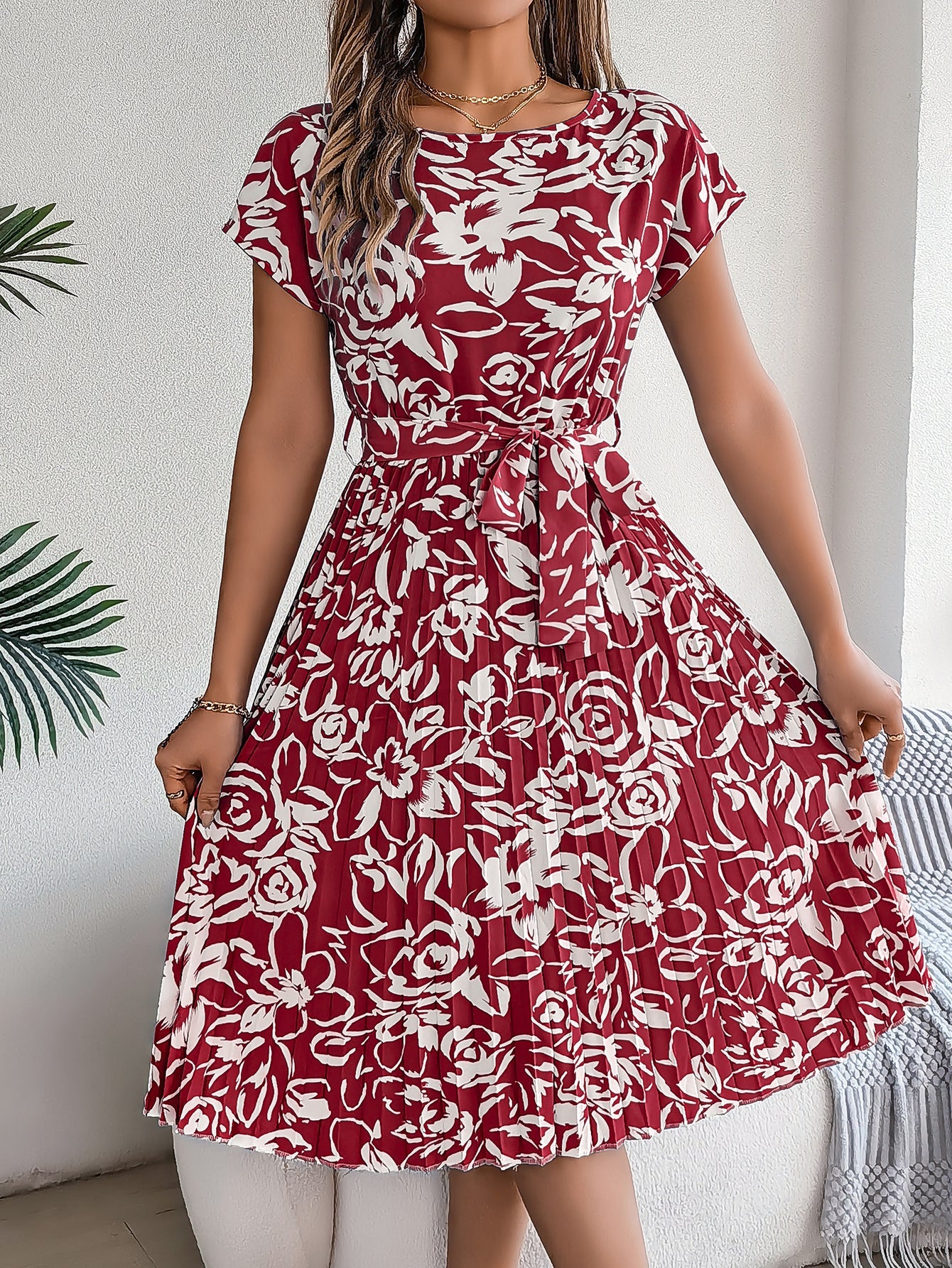 Spring Summer Elegant Floral Short Sleeve Large Hem Pleated Dress Women Clothing by Ragazza